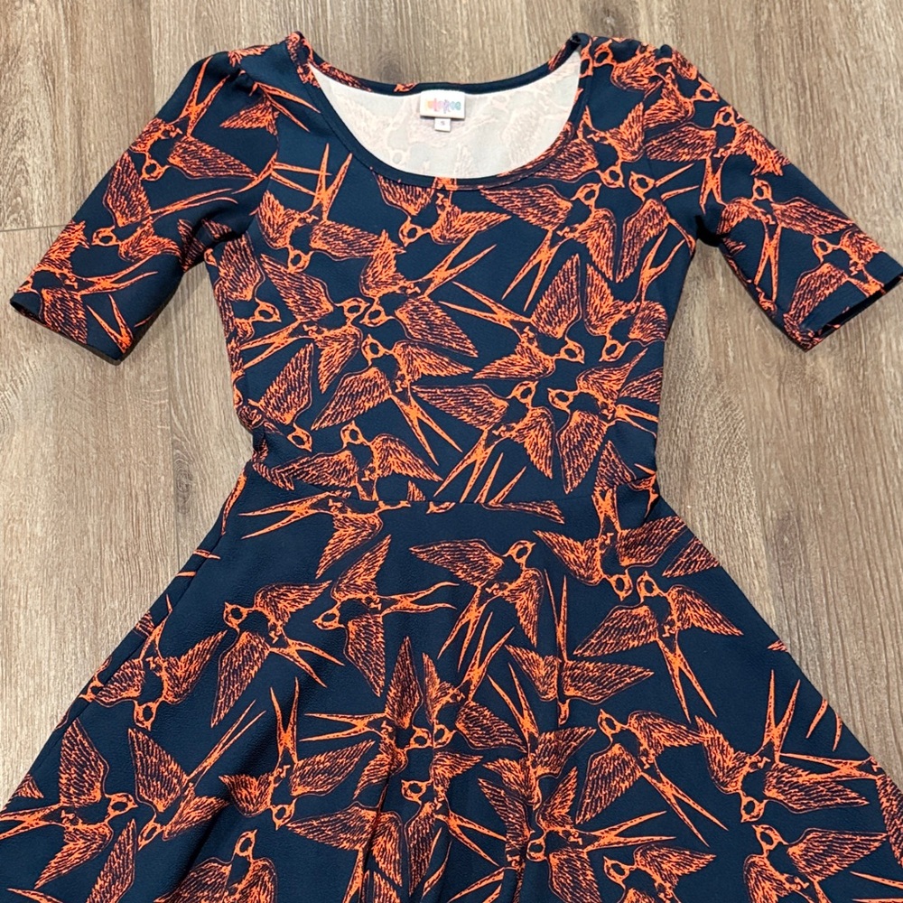 LuLaRoe Navy and Orange Sparrow Print Dress-S
